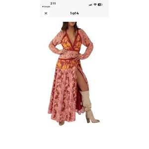 Free People Rare Feelings Maxi‎ Dress Red Orange Floral Lace Wrap Boho XS